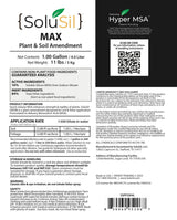 SoluSil MAX plant and soil amendment label with product details and safety information.